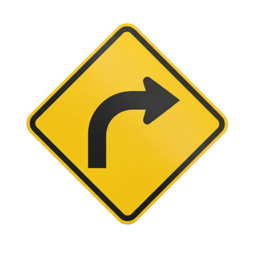 Yellow road sign with a black arrow for a sharp right turn isolated on transparent background
