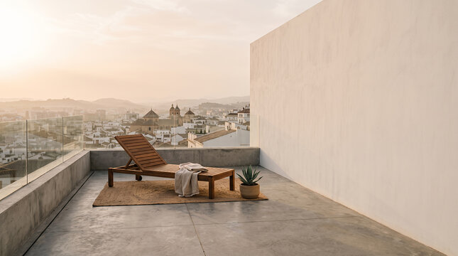 Rooftop terrace lounger overlooking a whitewashed hilltop town at sunset