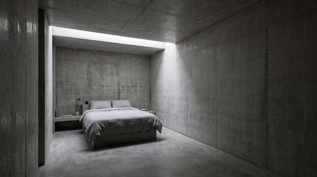 Minimalist brutalist bedroom with raw concrete walls and skylight over grey bed