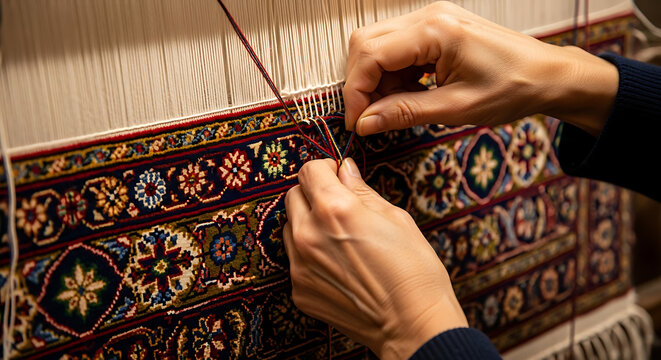 Person weaving traditional colorful carpet by hand - Close-up of skilled hands carefully crafting a vibrant, intricate carpet using traditional weaving techniques.