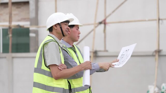 Two Civil Engineers in Hard Hats and Safety Vests Inspecting Construction Site with Blueprint