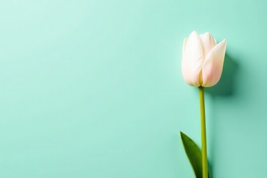 Pastel mint backdrop, single white tulip within a square border Fresh, clean feel , elegant, botanical