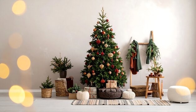 Beautifully decorated Christmas tree in a cozy modern living room with bokeh lights.