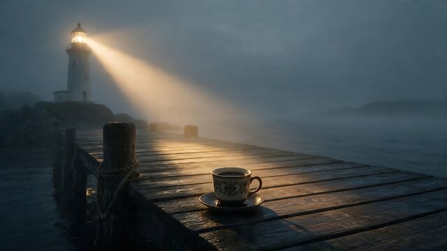 Cozy coffee cup on a wooden dock illuminated by the warm light of a lighthouse in the misty night