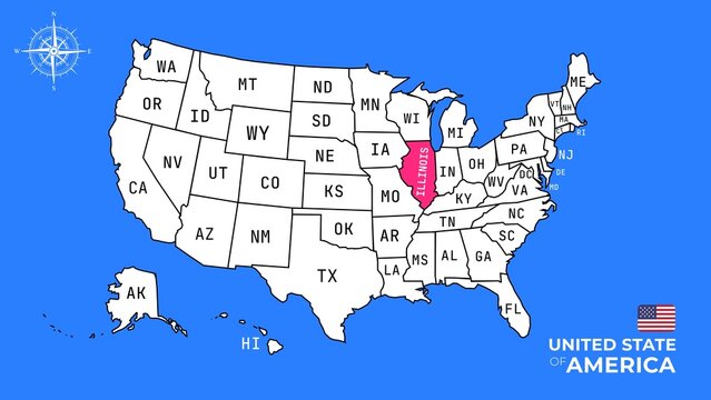 Illinois State, USA, vector map isolated on United states map. Editable blank vector map of USA.