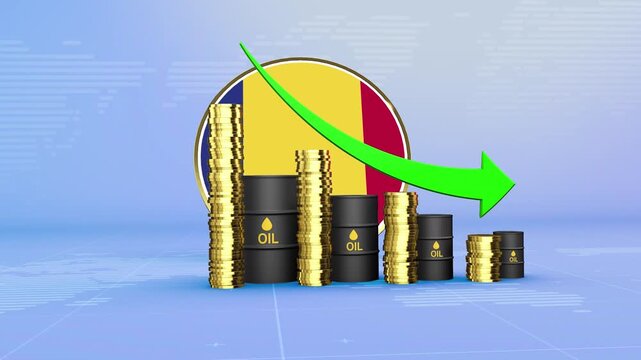 Romania Oil Prices Decline with Oil Barrels, Gold Coins and Downward Green Arrow, 3D Economic and Financial Market Concept