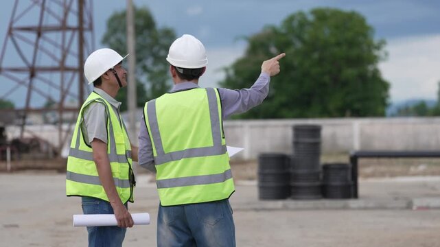 Two Civil Engineers in Hard Hats and Safety Vests Inspecting Construction Site with Blueprint