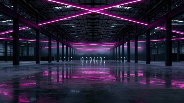 Empty warehouse interior with magenta neon ceiling beams
