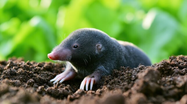 A cute little mole emerging from dark soil in a lush green garden setting