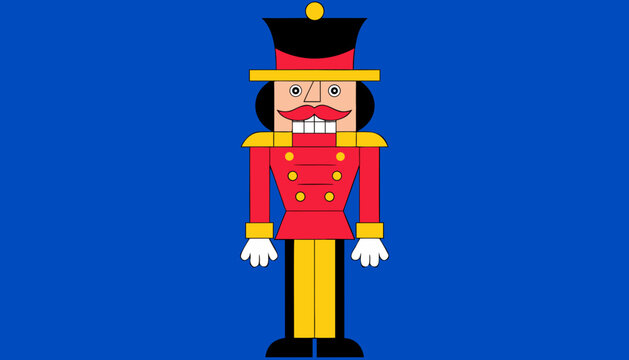 Vibrant cartoon nutcracker soldier figure in festive military attire against solid blue backdrop with standing upright cheerful expression against deep blue background