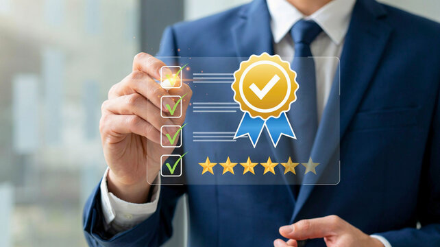 Businessman checking virtual quality assurance certificate with five star rating and checklist for business standard compliance and guarantee