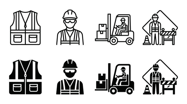 Industrial warehouse logistics and worker safety icon set with logistics warehouse forklift construction reflective