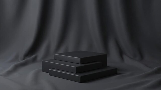 Minimalist black podium stand on draped fabric background for product display
