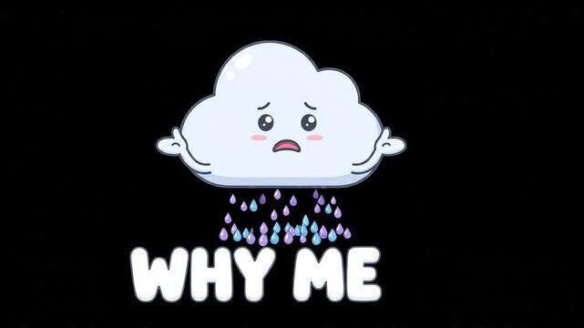 Sad cloud mascot raining with why me text animation video