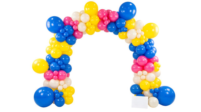 Vibrant primary color balloon arch with white sign for party entrance.
