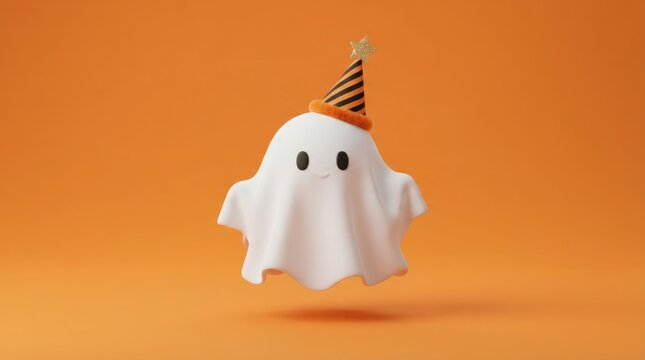 Floating cute ghost wearing party hat on orange