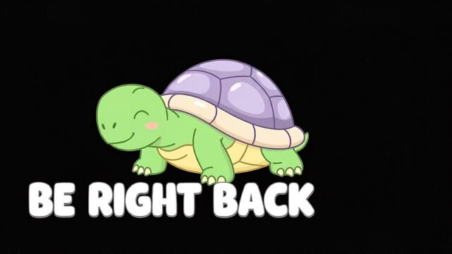 Cute cartoon turtle waving with be right back text animation