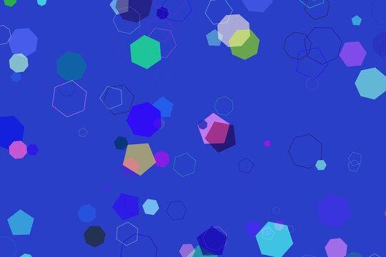Colorful hexagons floating on blue background