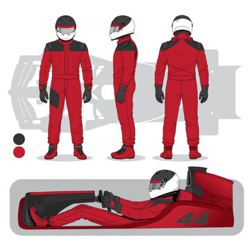 Race Car Driver in Red Suit Front, Side, and Back Views Illustration Set
