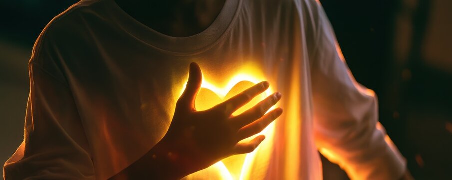 Person holding hand on chest with glowing golden heart shape symbolizing love and emotion