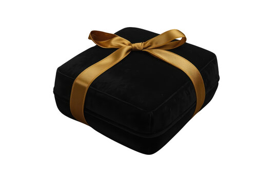 Black square gift box with gold satin bow isolated on transparent background