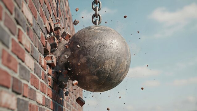 Heavy wrecking ball demolishing a red brick wall under a blue sky.