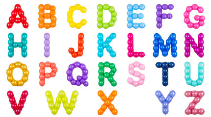 Naklejka premium Full English Alphabet Made of Colorful Round Balloons Isolated on White Background, Vibrant Typography for Birthday Party Decorations