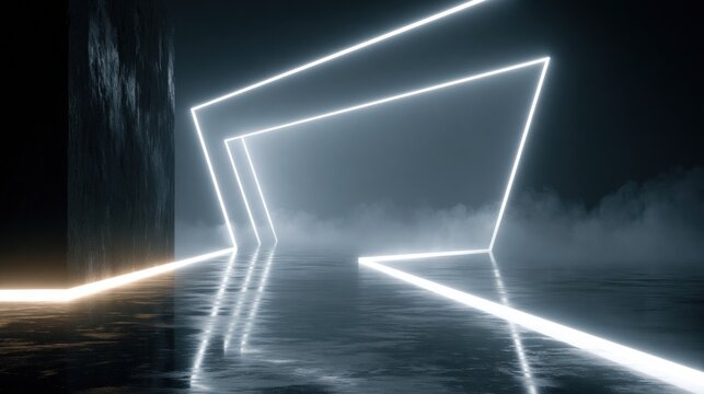Futuristic neon geometric tunnel in dark room