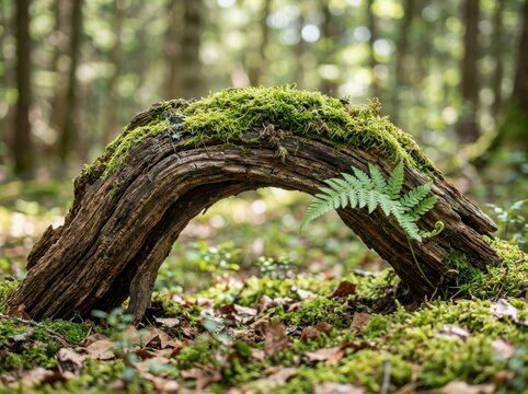 Old mossy tree log forming a natural arch on the forest floor in a peaceful green woods environment