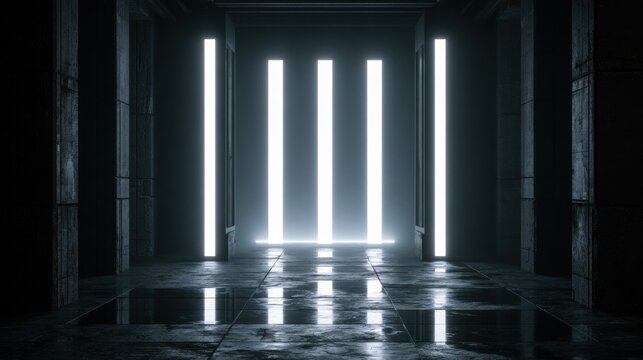 Dark industrial corridor with glowing vertical light bars
