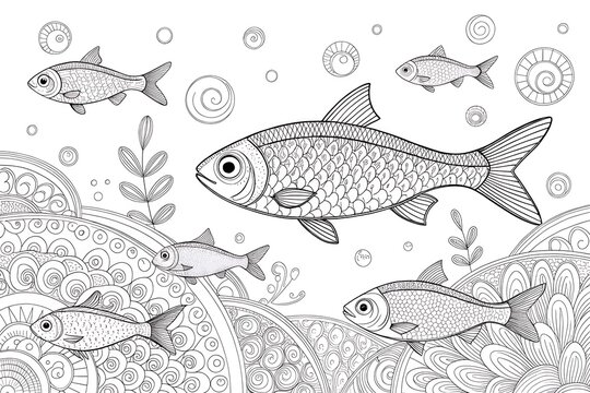 Black and white illustration of fish swimming in watery background