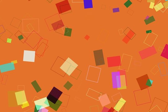 Colorful paper squares falling on orange background