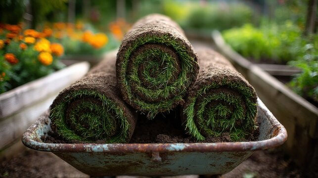 Rolls of fresh sod turf in a wheelbarrow for landscaping. Perfect for garden renovation and yard improvement.
