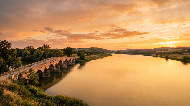 Ancient stone arch bridge over a wide river at golden sunset