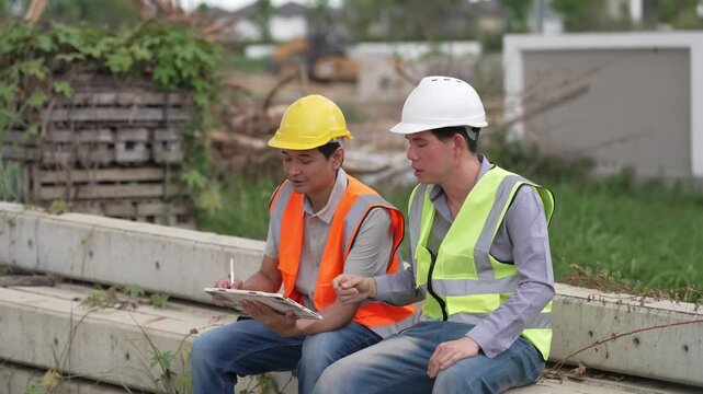Two Civil Engineers in Hard Hats and Safety Vests Inspecting Construction Site with Blueprint