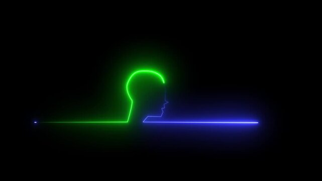  Glowing neon line Human head black background. Neon glowing question.Glowing neon line Head silhouette icon isolated on black background. human head line icon 4K video animation.