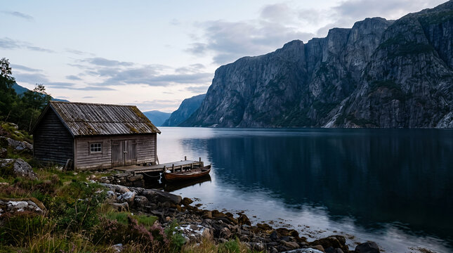 Weathered wooden boathouse and rowing boat on a calm fjord at twilight