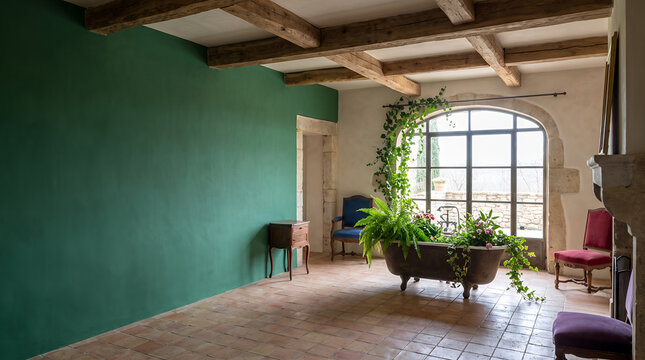 Old clawfoot bathtub planted with ferns beside an arched window in a green room