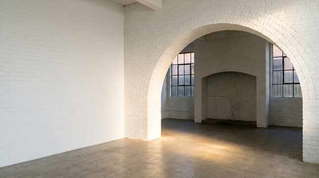 A tall brick arch divides an empty whitewashed warehouse with polished concrete floor