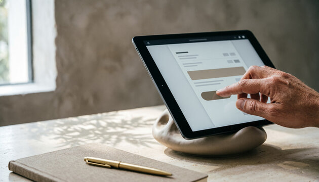 A person interacts with a digital tablet on a modern stone stand next to a notebook.