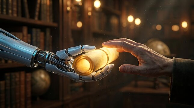 A robotic hand and a human hand reaching out to touch a glowing golden sphere inside a dark vintage library filled with old books