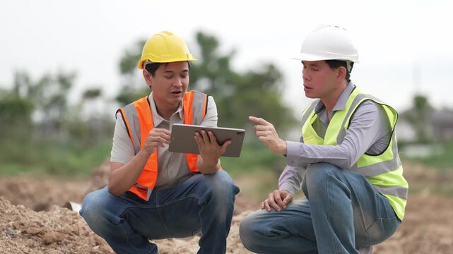 Two Civil Engineers in Hard Hats and Safety Vests Inspecting Construction Site with Blueprint