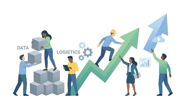 A team of diverse professionals collaborating to build a business growth chart with rising arrows and blocks representing success and development in corporate strategy