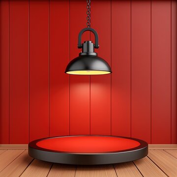 Red product display stage. Minimalist podium with hanging lamp.