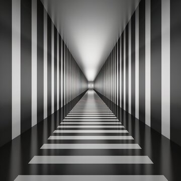 Abstract striped corridor. Modern black white hallway.