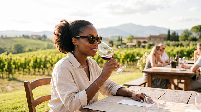 Woman in white shirt tasting wine at outdoor vineyard event