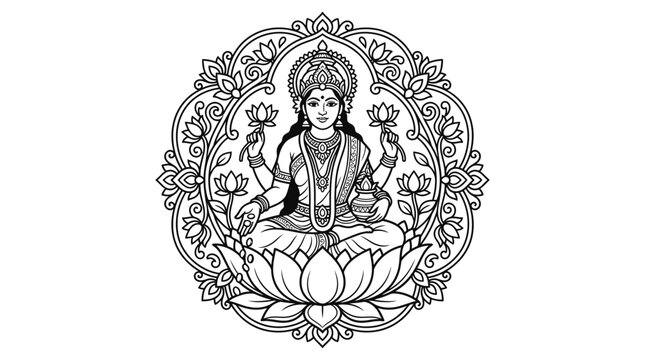 Goddess Lakshmi Sitting on Lotus with Floral Mandala Frame, Hindu Deity Line Art for Diwali Festival