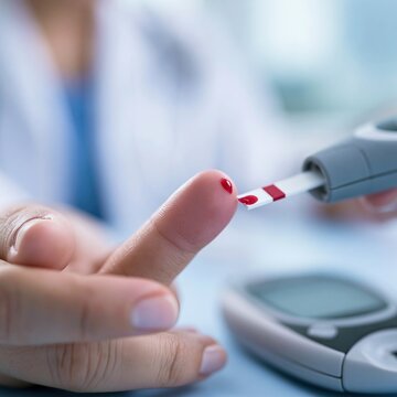 Close-up of person using a glucose meter to test blood sugar levels for diabetes management and health monitoring