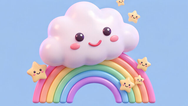 Adorable 3D pastel rainbow with a happy smiling cloud and cute little stars on blue background.