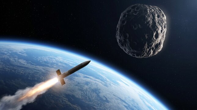 A rocket launching from Earth towards a large asteroid in deep space, illustrating planetary defense or space exploration.